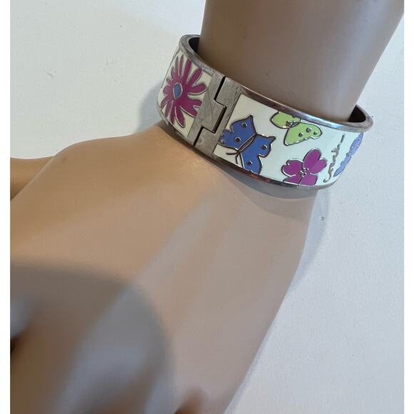 COACH Round Button Close Off White Enamel Colored Butterflies Bangle Bracelet - Picture 3 of 7